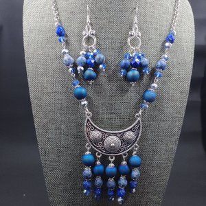 Handmade Boho Agate and Sesame jasper Chandelier necklace and earring set